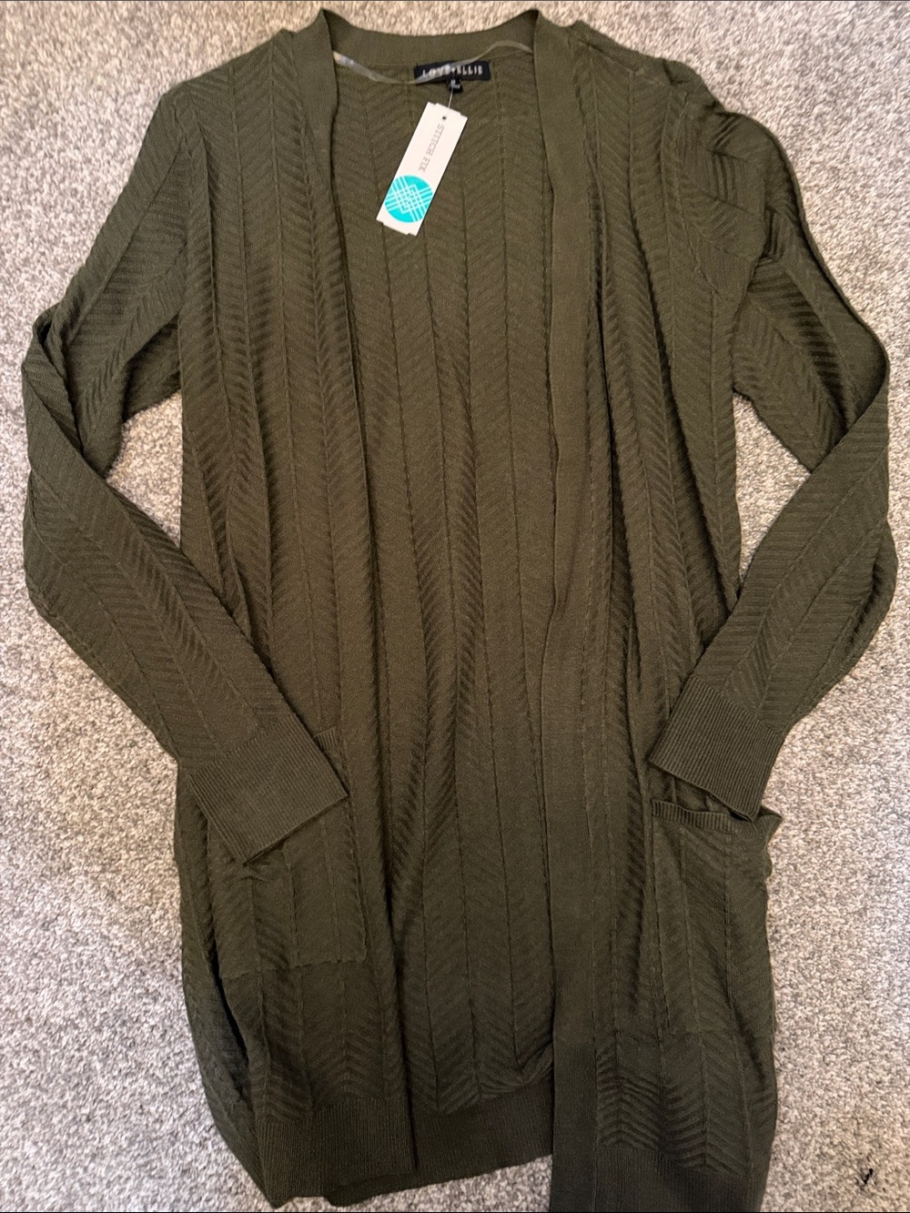 Open-Front Olive Cable Knit Cardigan with Pockets